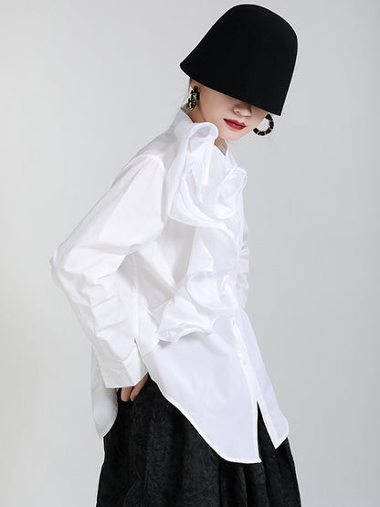 Stylish Falbala Split-Joint Solid Color Buttoned Stand Collar Long Sleeves Blouse
