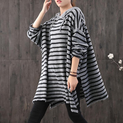 Buykud Split Hem Horizontal Stripes Knitted Hoodie