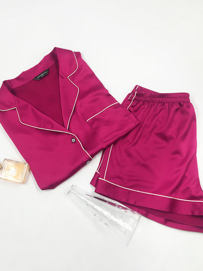 Casual Solid Color Notched Collar Short Sleeves Shirts+ Elastics Shorts Pajama