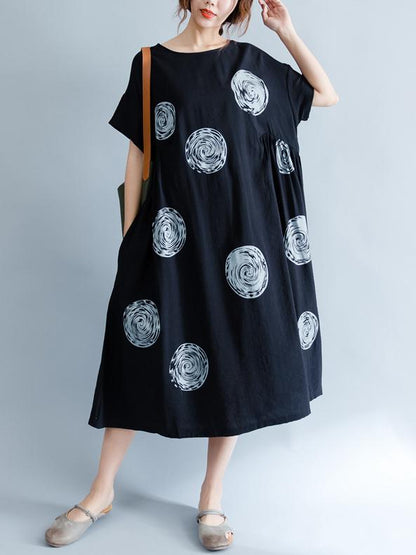 Black Polka-Dot Print Round-neck Midi Dress