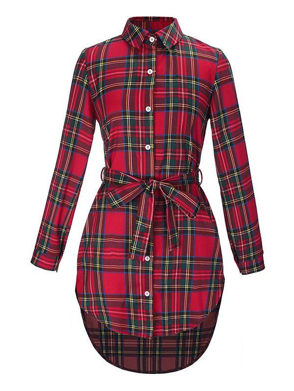 Polo Collar Checkered Belt Buckle Midi Shirt