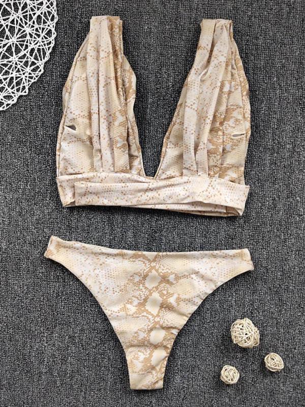 Snake-Print Deep V-Neck Split Bikini Swimsuit