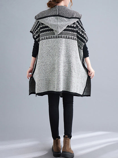 Artistic Retro Loose Casual With Pocket Hooded Short Sleeves Cardigan Outwear