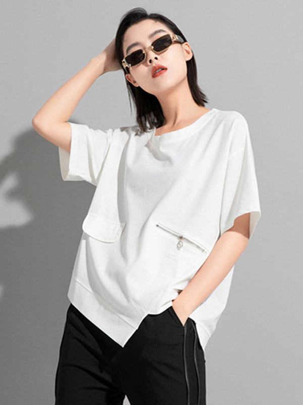 Fashion Asymmetric Irregular Clipping Split-Side Round-Neck T-Shirt