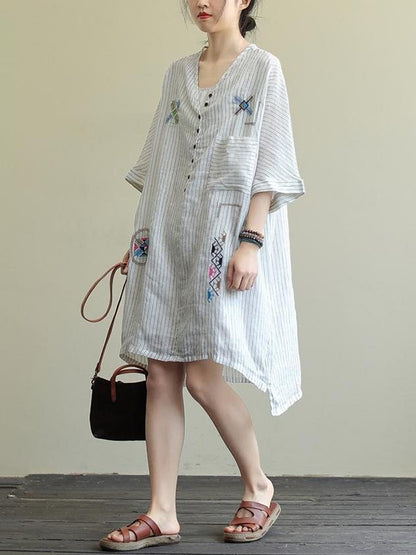 Cotton Blend Embroidered V-Neck Striped Mini Dress