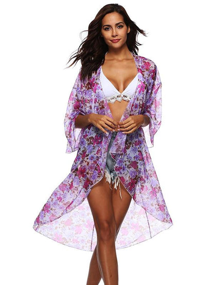 Chiffon Flared Sleeves Printed Cover-Ups