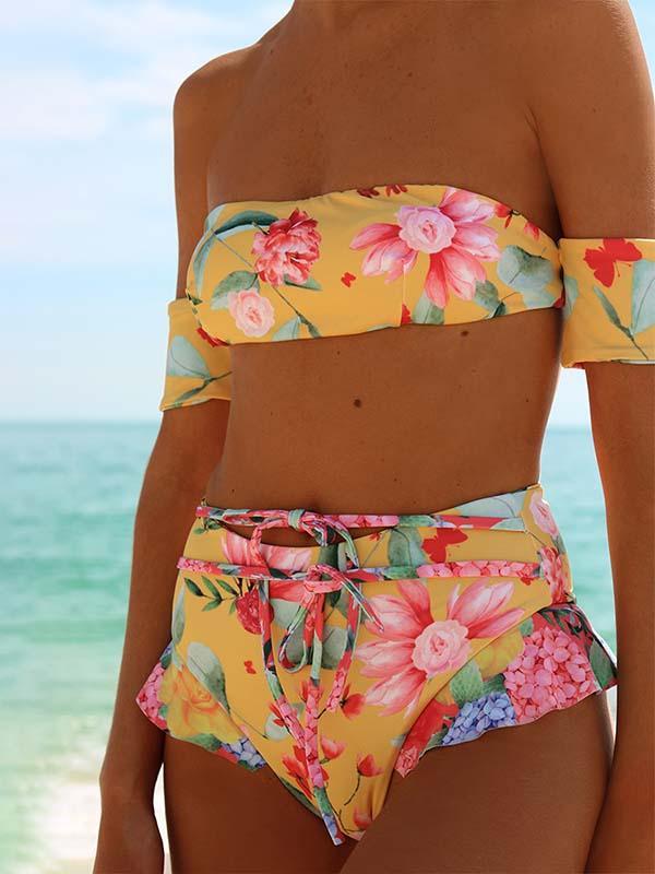 Printed Strapless Lace Up Bikinis Swimwear