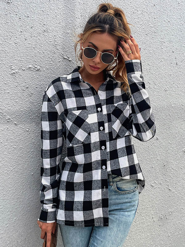 Causal Lapel Buttoned Plaid Long Sleeves Blouses