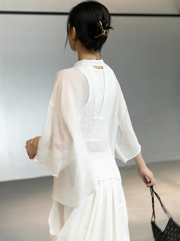 Linen Black&White Round-Neck Flared Sleeves T-Shirt