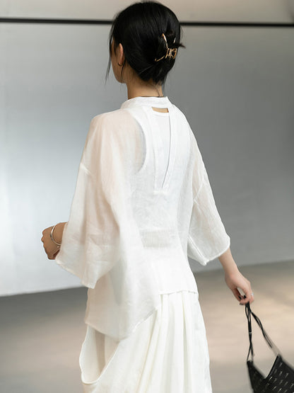 Linen Black&White Round-Neck Flared Sleeves T-Shirt