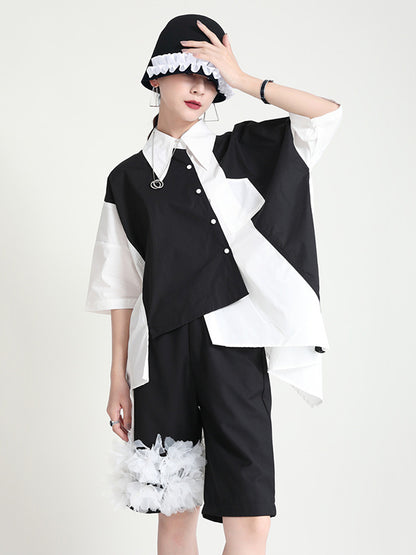 Urban Split-Joint Buttoned Asymmetric Lapel Blouses