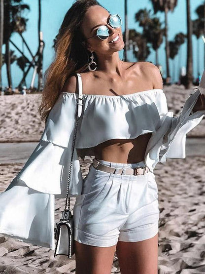 Off-shoulder Flared Sleeve Sexy Blouses&Shirts Top