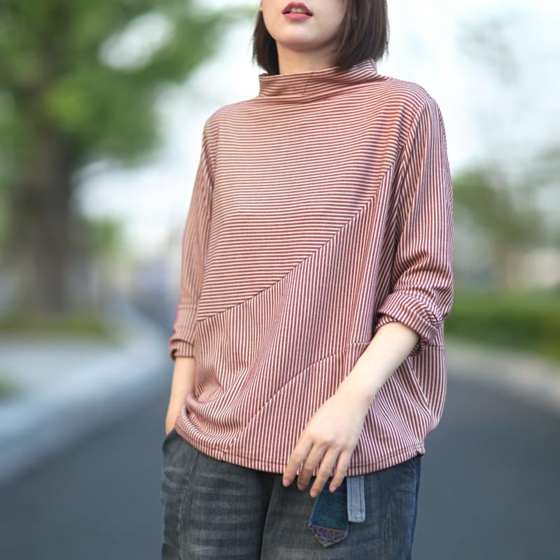 Buykud Long Sleeve Half Turtleneck Striped Blouse