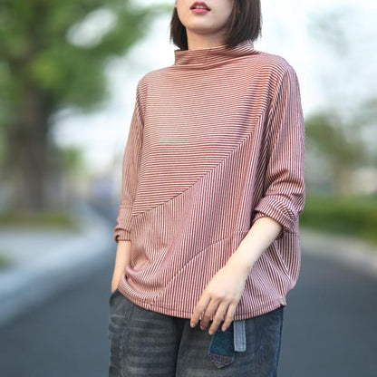 Buykud Long Sleeve Half Turtleneck Striped Blouse