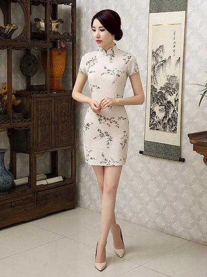 Linen Flower Print Short Cheongsam Dress
