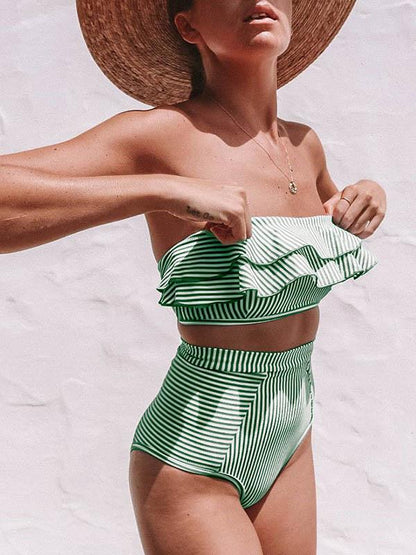Falbala Tiered  Striped Bandeau Split Bikini Swimsuit