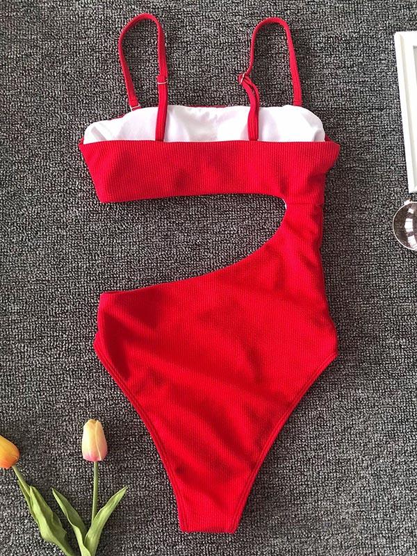 Solid Color Asymmetric Hollow One-Piece Swimwear