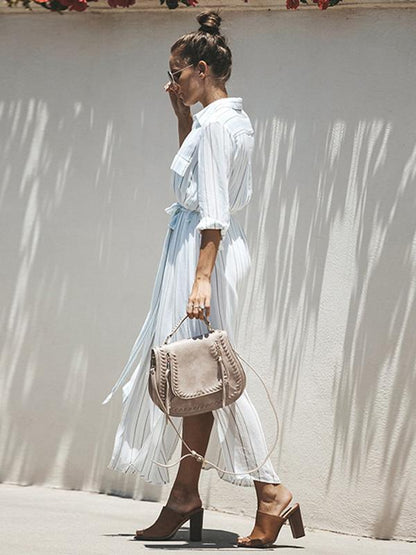 Simple Bohemia Striped Shirt Maxi Dress
