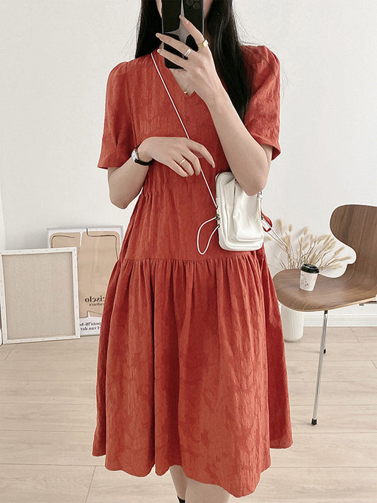 Urban Solid Color V-Neck Drawstring Short Sleeves Midi Dress