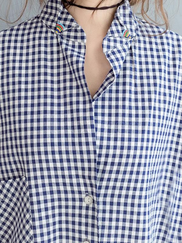 Casual Plaid Lapel Beaded Shirt