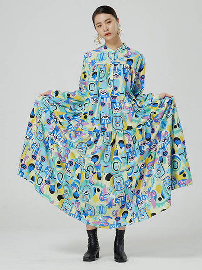 Original Abstract Printed Stand Collar Long Sleeves Midi Dress