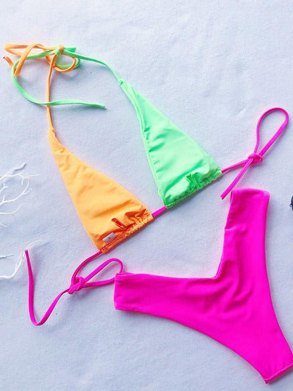 Contrast Lace Up Bikini Swimsuit