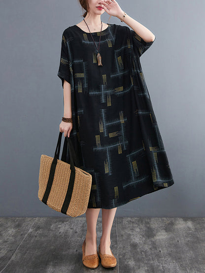 Artistic Retro Loose Striped Printed Contrast Color Midi Dress