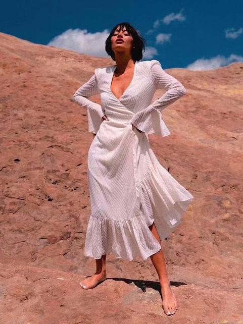 Hollow Bandage Bell Sleeve Midi Dresses