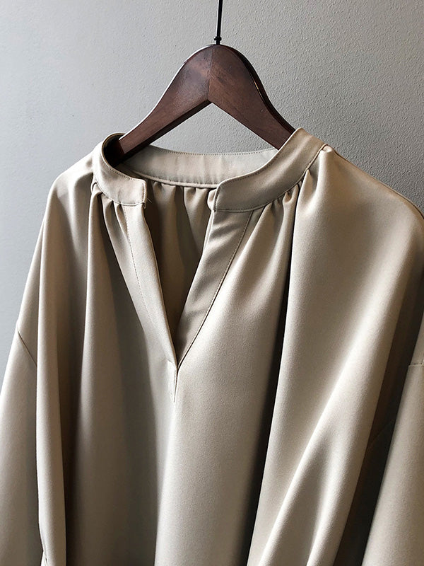 Urban Simple Solid Color Pleated Tied V-Neck Long Sleeves Midi Dress