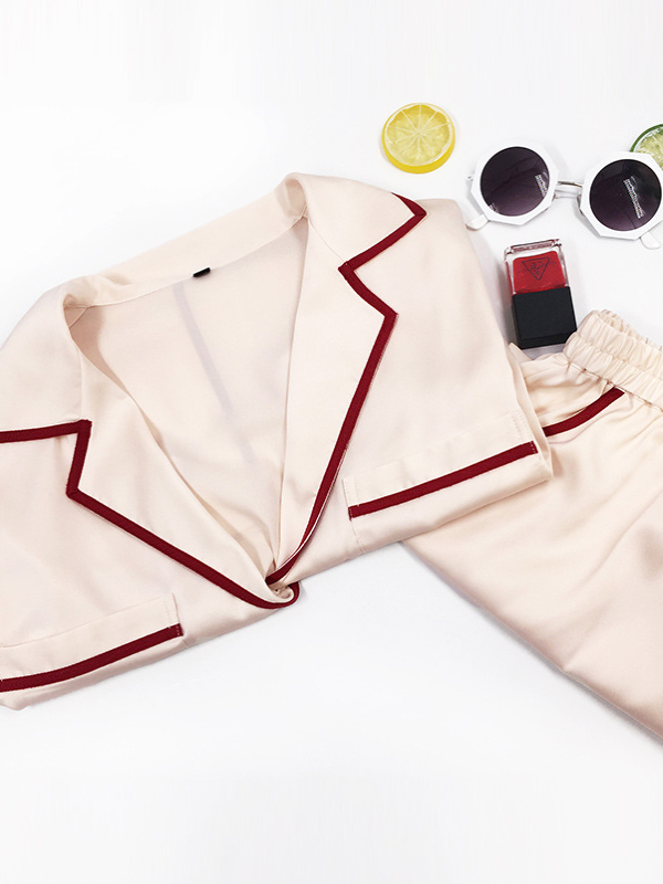 Casual Ice Silk Solid Color Notched Collar Short Sleeves Shirts& Shorts Pajama