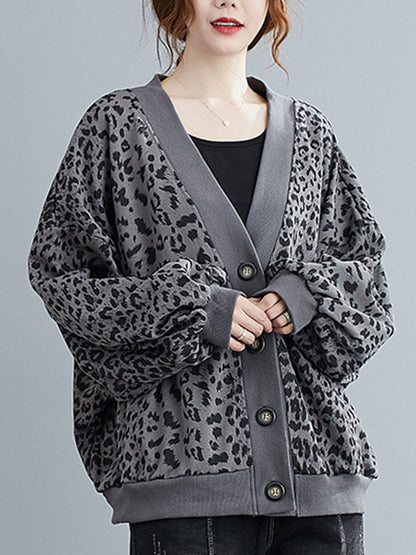 Original Leopard Buttoned V-Neck Long Sleeves Outwear