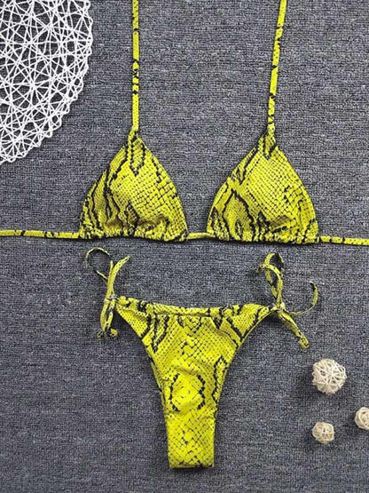 Snake-Print Triangle Bandage Split Bikini Swimsuit