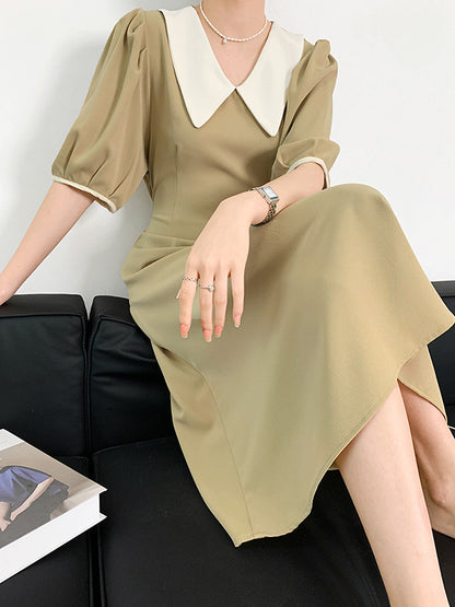 Urban Solid Color Bandage A-Line Lapel Short Sleeves Midi Dress