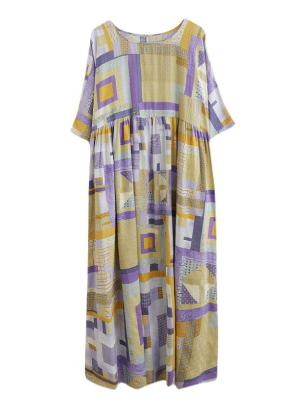 Artistic Retro Ramie Cotton Color-Block Pleated Round-Neck Half Sleeves Midi Dress