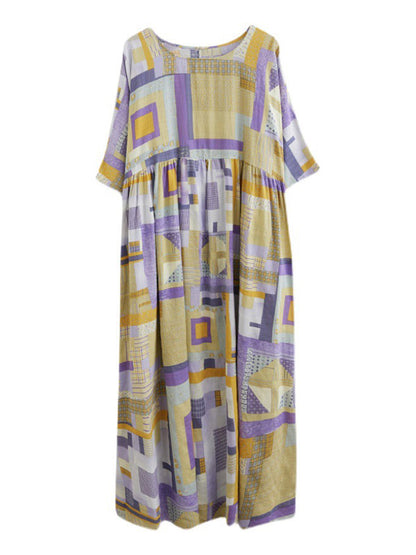 Artistic Retro Ramie Cotton Color-Block Pleated Round-Neck Half Sleeves Midi Dress