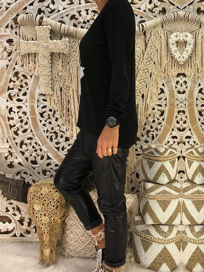 Printed V-neck Long Sleeve T-Shirt