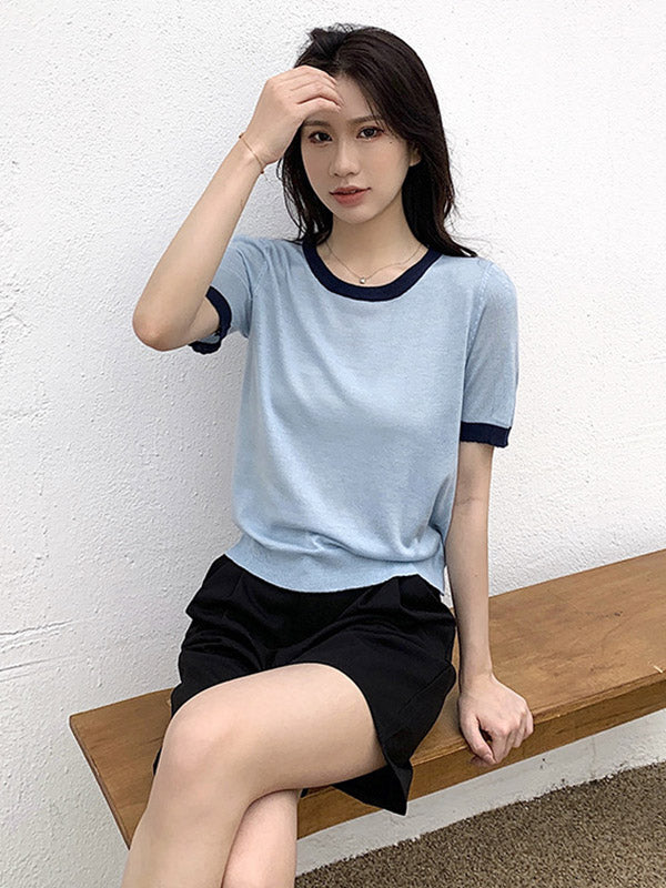 Casual Knitting Round-Neck Contrast Color T-Shirts Tops