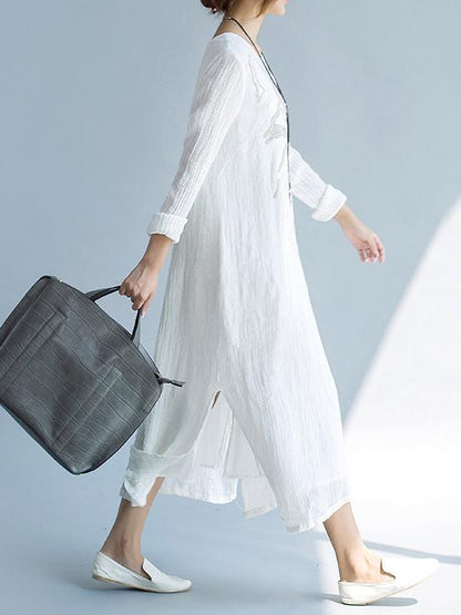 White Ramie Cotton Embroidered Long Dress