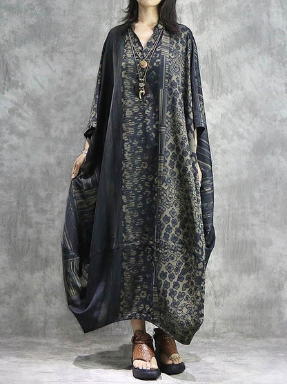 Vintage Split-joint Loose Silk Printed Maxi Dress