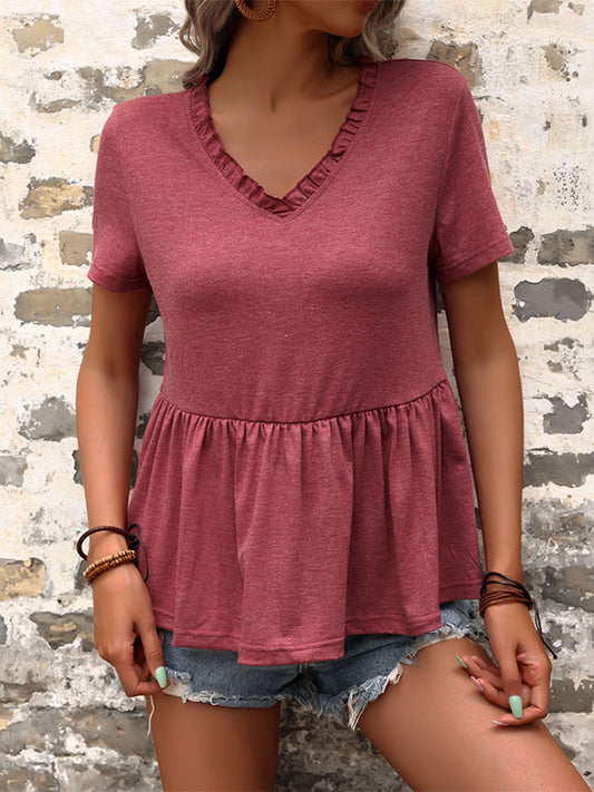 Simple Causal Solid Color Pleated Falbala T-Shirt Top