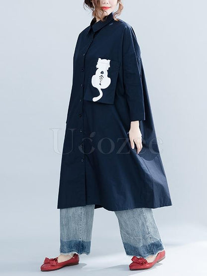 Navy-blue Loose Lapel Cat Print Blouse Dress