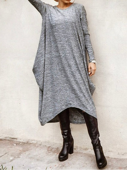 Simple Solid Color Round-Neck Long Sleeves Midi Dress