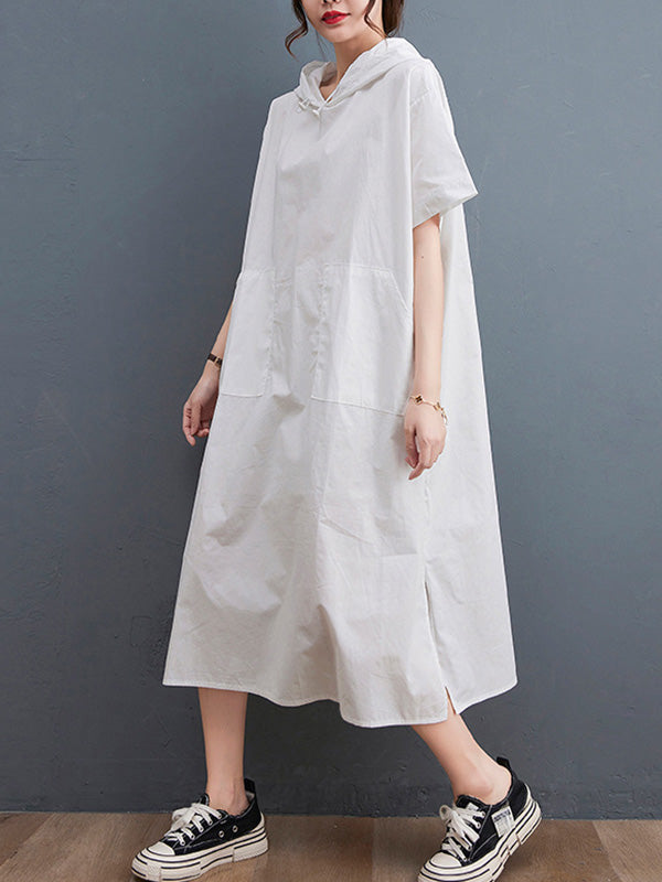 Urban Black&White Split-Side Short Sleeves Hooded Midi Dress
