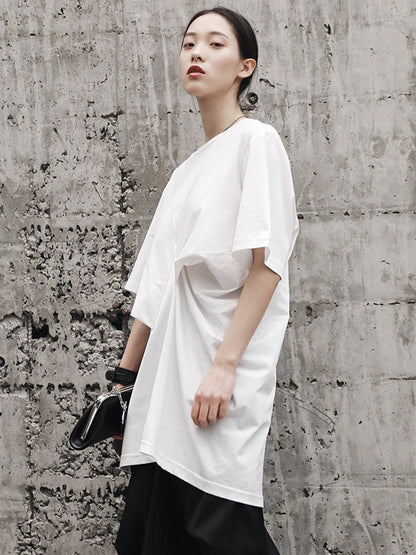 Simple Solid Color Asymmetric Pleated Short Sleeves Round-Neck T-Shirt