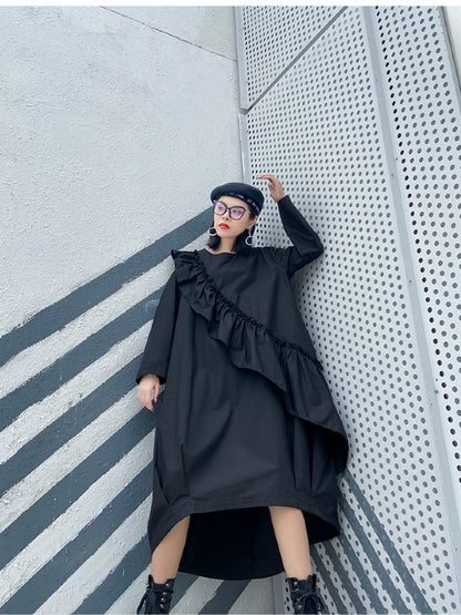 LOOSE BLACK FALBALA HIGH-LOW DRESS