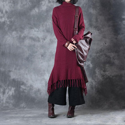 Autumn Winter Tassel Fitting Wine Red Dress For Women