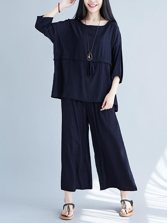 Plus Size Loose Solid Wide-leg Two-piece Suits