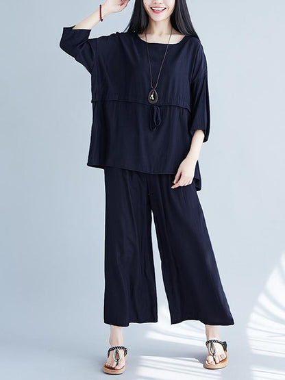 Plus Size Loose Solid Wide-leg Two-piece Suits