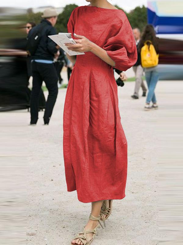 Ramie Cotton Lantern Sleeve Maxi Dress