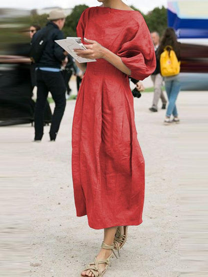Ramie Cotton Lantern Sleeve Maxi Dress